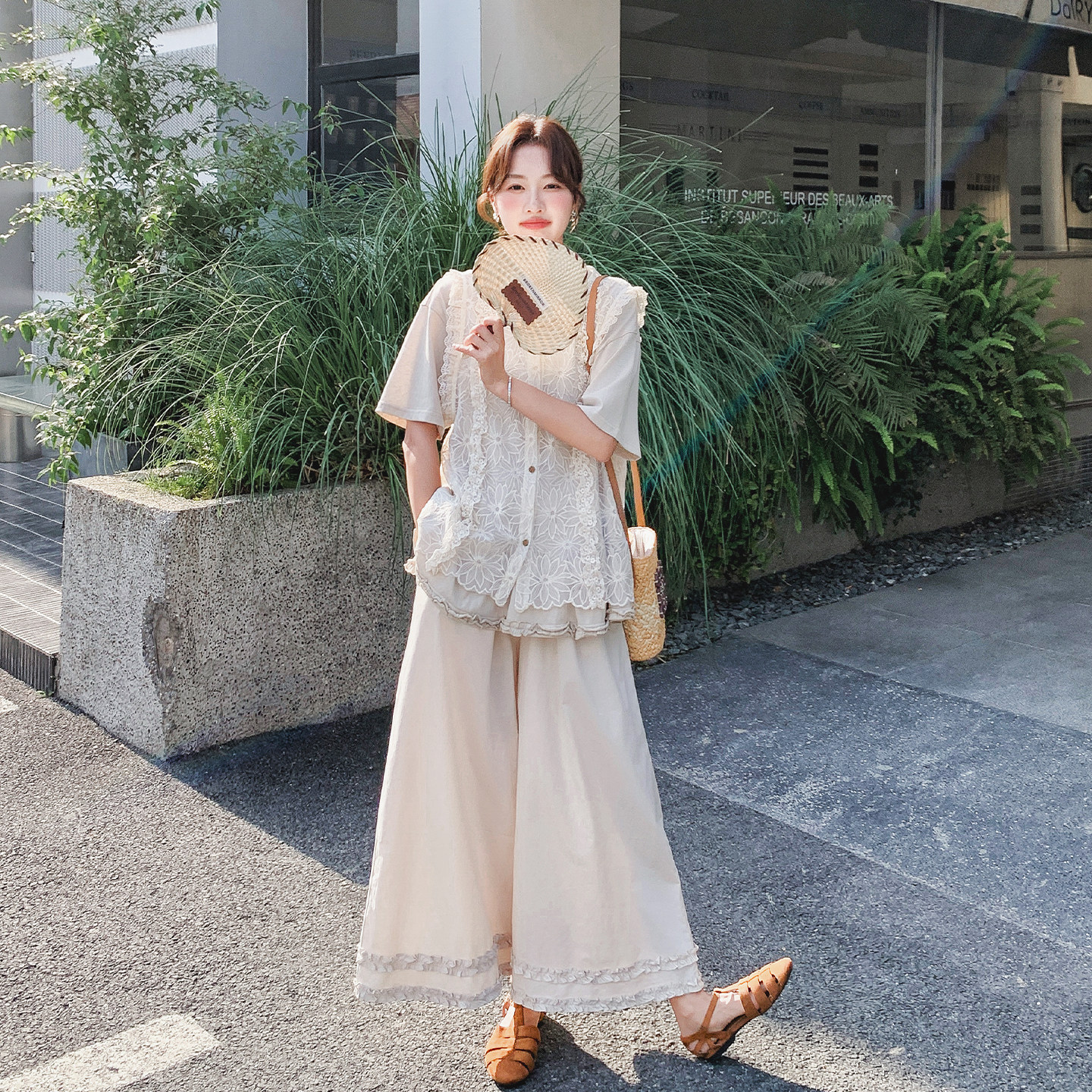 夏季森系复古蕾丝马甲阔腿三件套