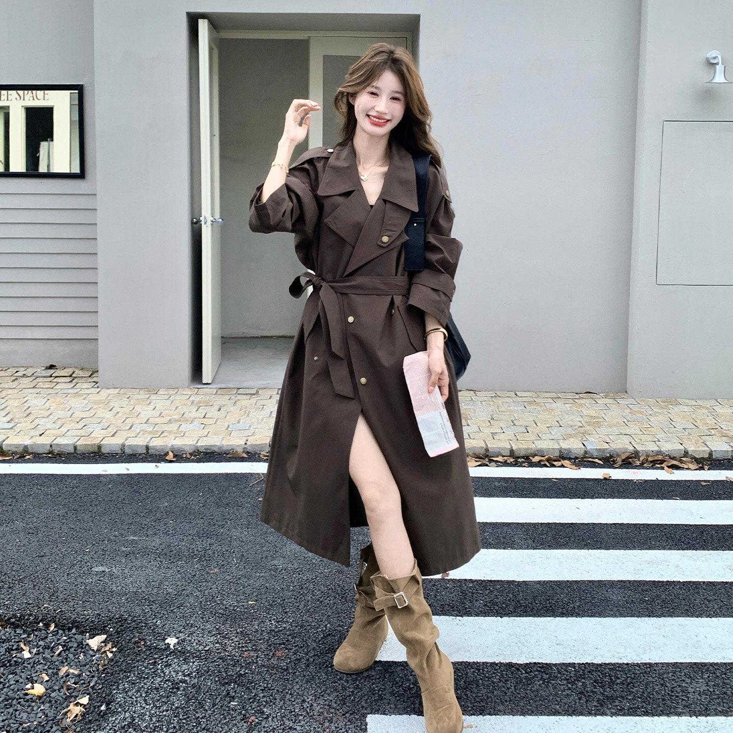 韩版双排扣风衣女中长款收腰系带