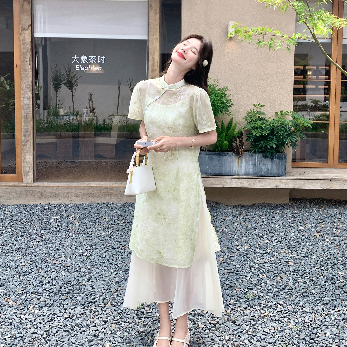 新中式绿色改良旗袍连衣裙套装
