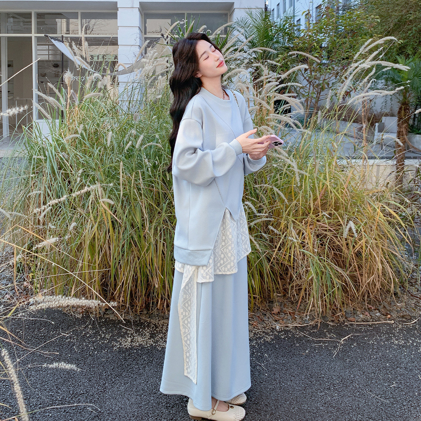 蓝色温柔减龄蕾丝卫衣套装女2026早春新款假两件上衣半身裙两件套