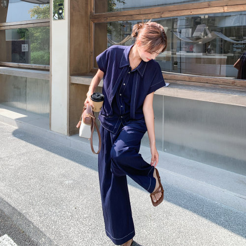 复古风衬衫阔腿裤套装女夏季