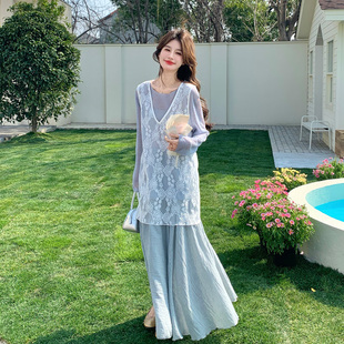 蓝色超仙绝美蕾丝马甲连衣裙套装女夏2026新款打底衫半身裙三件套