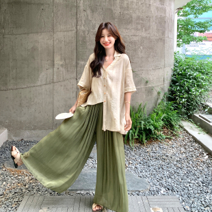 森系休闲慵懒风套装女士2026夏季新款不规则短袖衬衫阔腿裤两件套