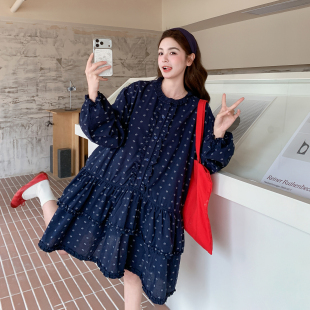 藏青色韩系减龄氛围感提花连衣裙2026春新款小个子穿搭复古蛋糕裙