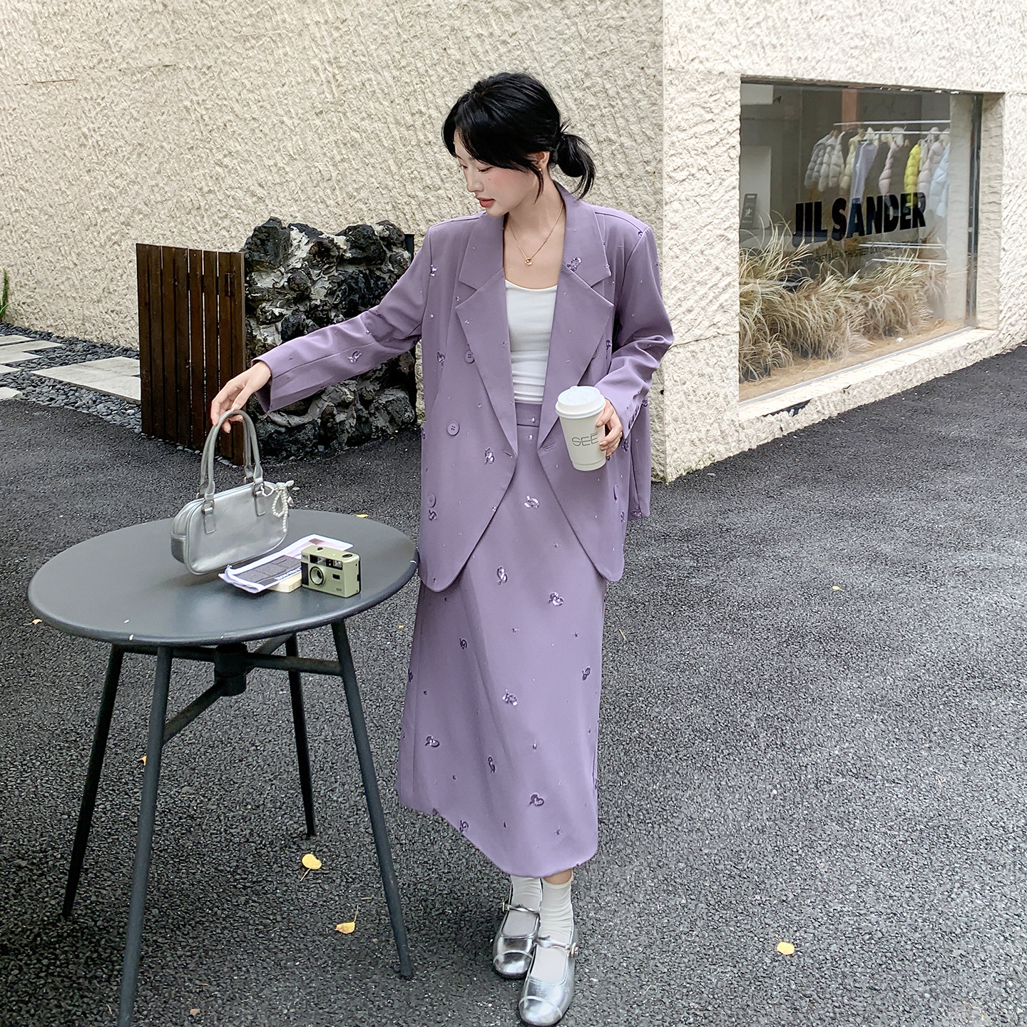 紫色优雅轻熟高级感亮片西装套装女2026春天新款上衣半身裙两件套