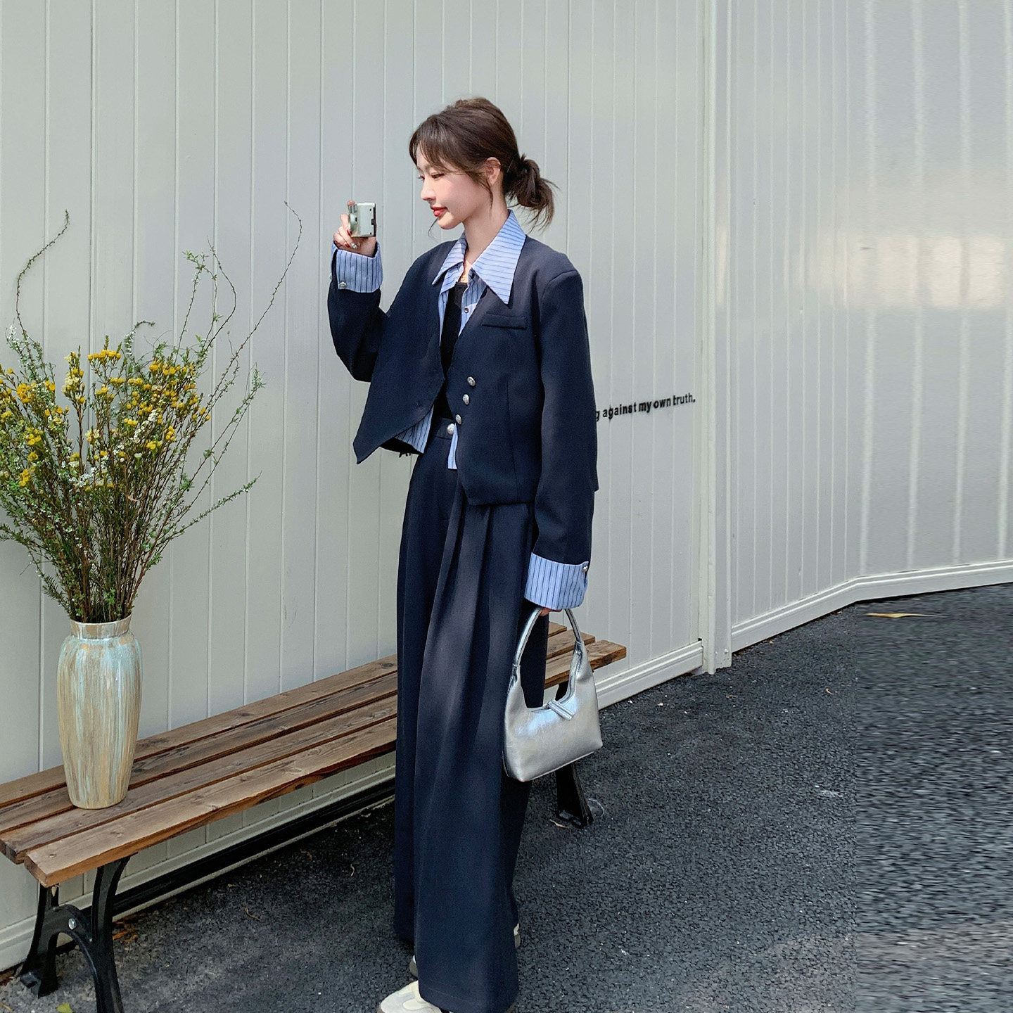 秋季学院风显瘦西装阔腿两件套女