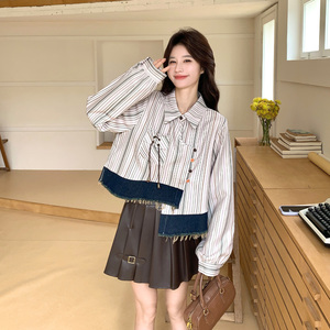 早春韩系别致设计感套装2026新款不规则条纹衬衫PU皮半身裙两件套