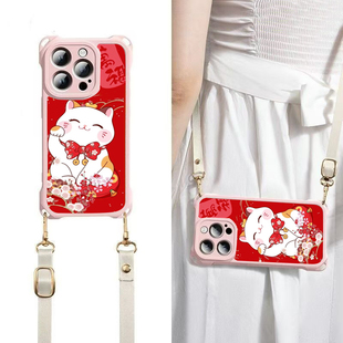 可爱招财猫适用13苹果16promax手机壳新款15Phone14pro手机套12硅胶软羊皮四角挂绳防摔15plus全包定制x保护