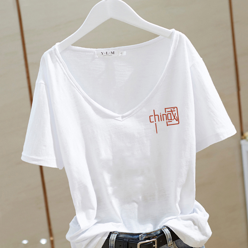 2023夏季新款纯棉短袖t恤女韩版宽松大码白色V领印花半袖上衣字母