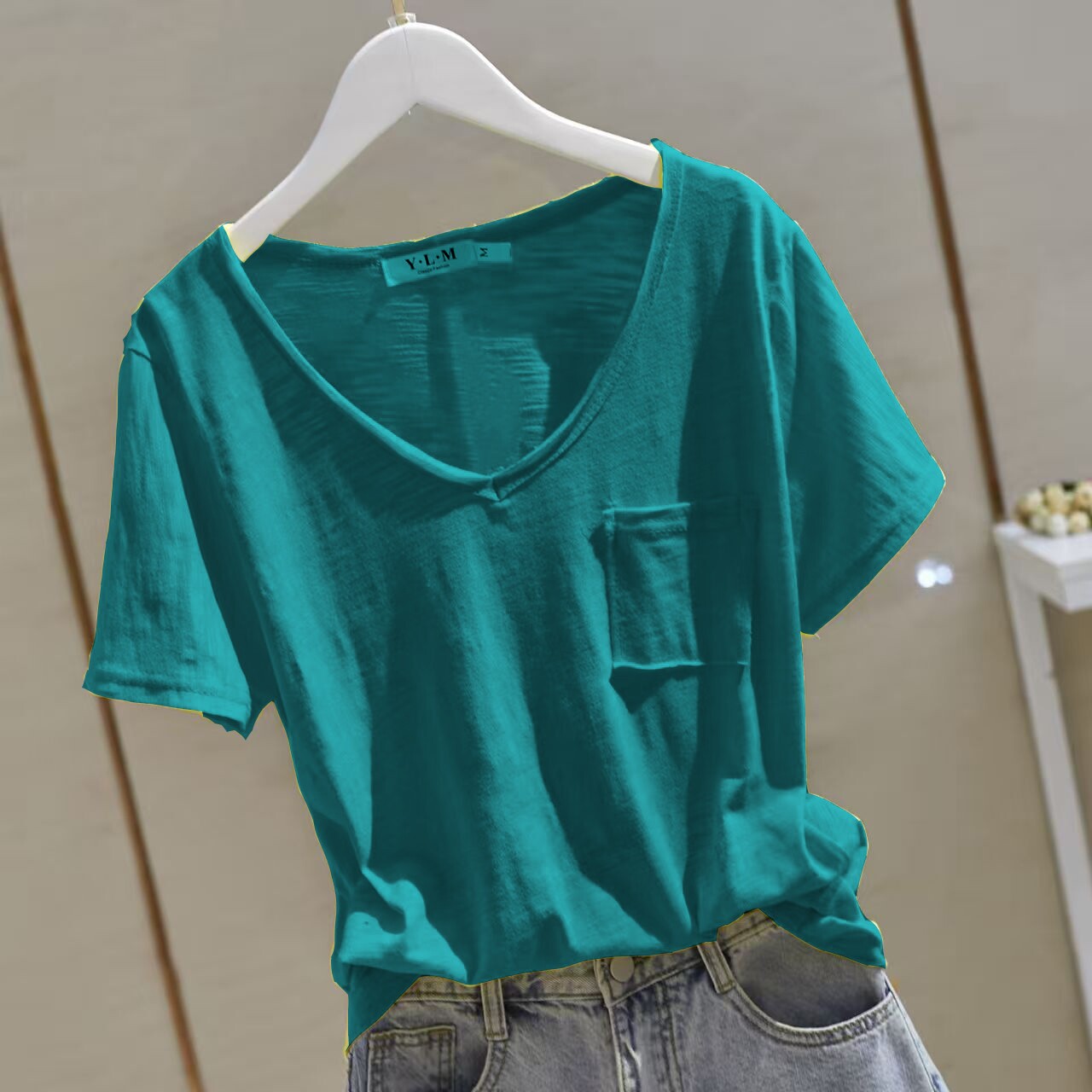 竹节棉短袖t恤女2026夏新款韩版白色v领宽松显瘦休闲半袖纯棉上衣