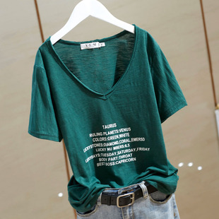 纯棉字母印花T恤女短袖 半袖 韩版 宽松显瘦v领上衣ins潮 2023年夏装