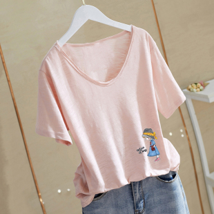 竹节棉白色大领口短袖 V领宽松纯棉上衣 t恤女2026欧洲站货春夏新款