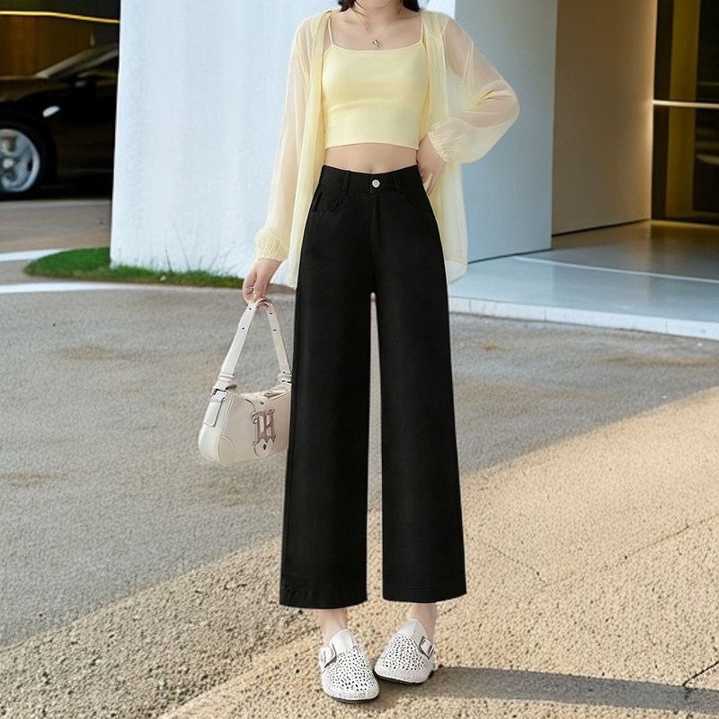 155小个子八分阔腿裤女春夏薄款高腰显瘦宽松九分窄版直筒裤纯棉