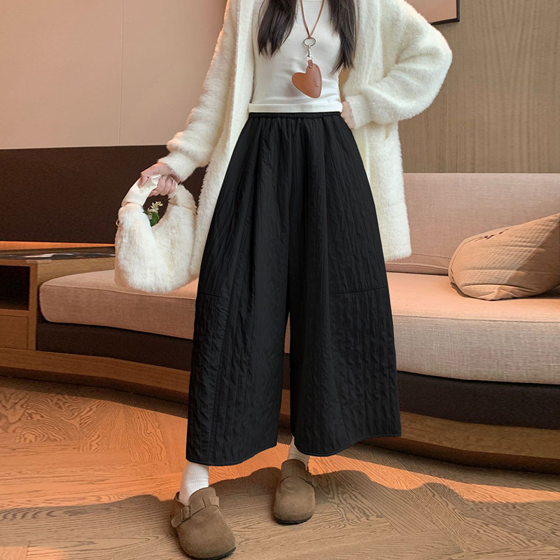 小个子保暖休闲裤女秋冬季奶奶裤松紧腰宽松夹棉阔腿裤九分裤百搭