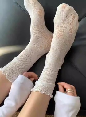 白色镂空蕾丝袜子女中筒袜芭蕾风夏季薄款透气网眼木耳边堆堆袜