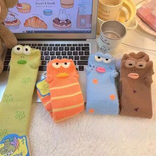 秋冬百搭加厚保暖萌趣毛绒绒睡眠袜趣味立体搞怪卡通比奇堡丑鱼袜