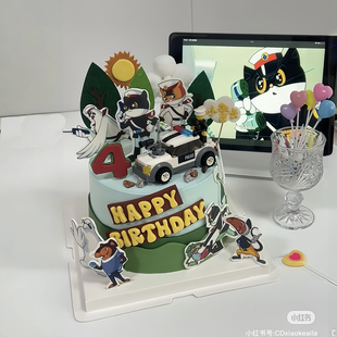 饰插件猫咪警长一只耳插牌积木警车摆件 黑猫警察儿童生日蛋糕装