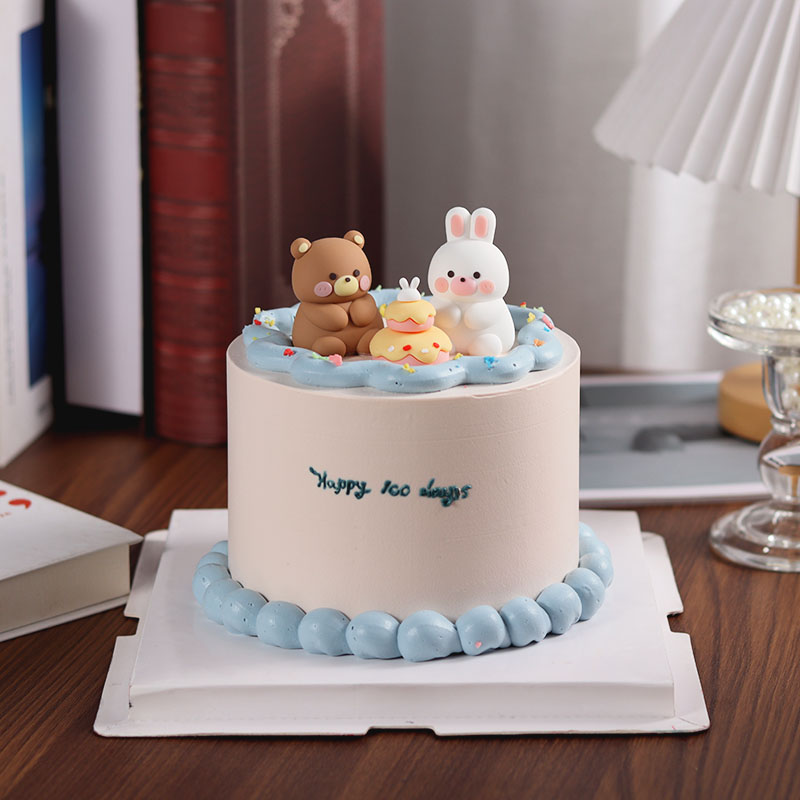 情侣小熊小兔子生日蛋糕装饰