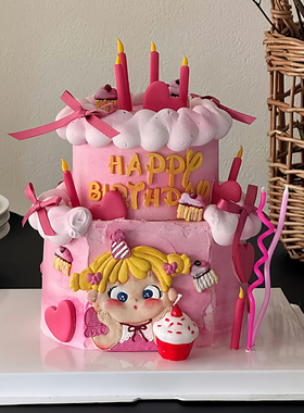 可爱吹蜡烛小公主生日蛋糕装饰摆件红色纸杯蛋糕蜡烛甜品台插件
