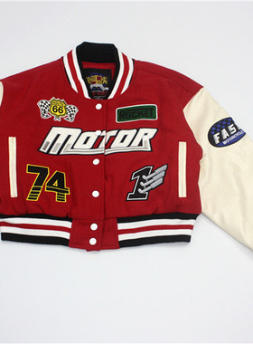 REDFOX赛车服机车夹克重工刺绣个性短款骑行PU长袖棒球领大版外套