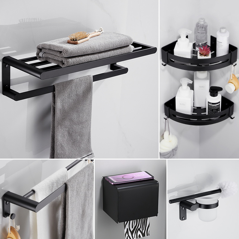 加厚黑色毛巾架套装免打孔