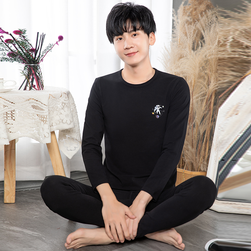 秋衣秋裤男纯棉套装打底全棉毛衫学生青年圆领磨绒舒绒保暖内衣薄