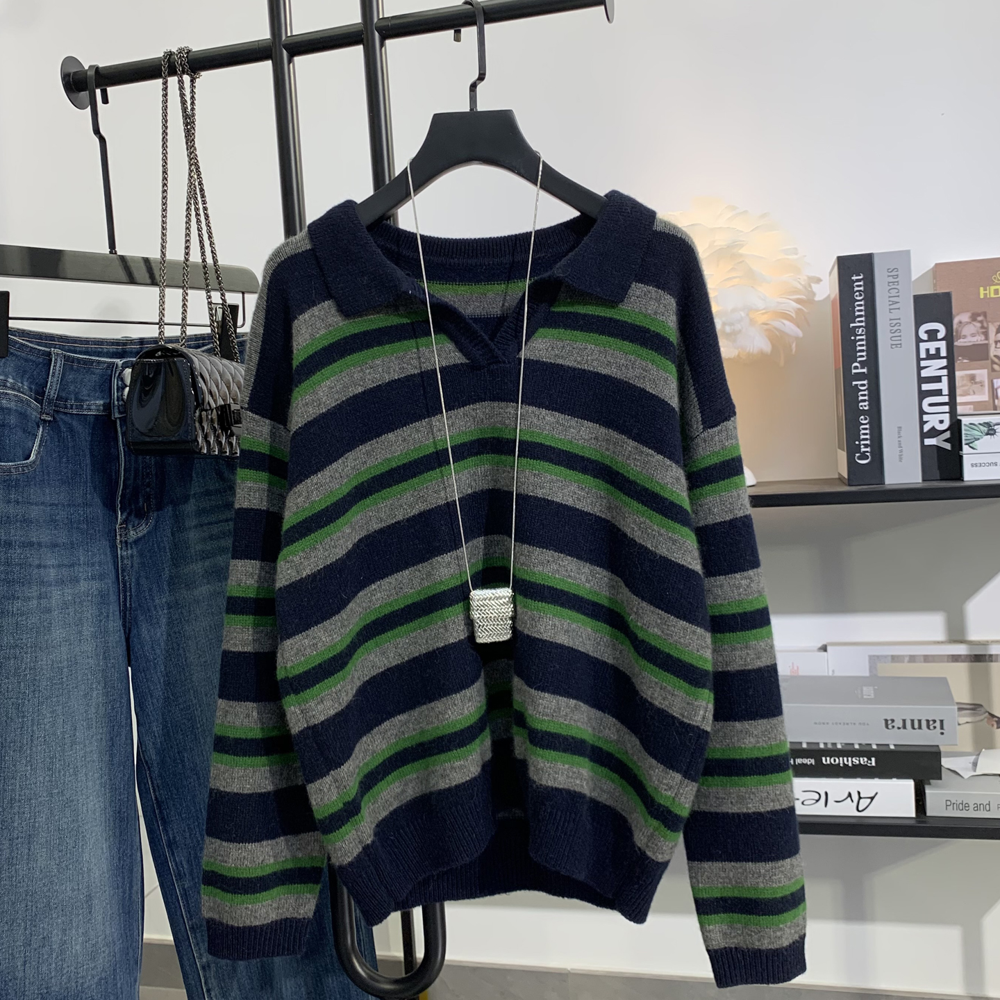 2026春季新款条纹翻领羊毛毛衣女