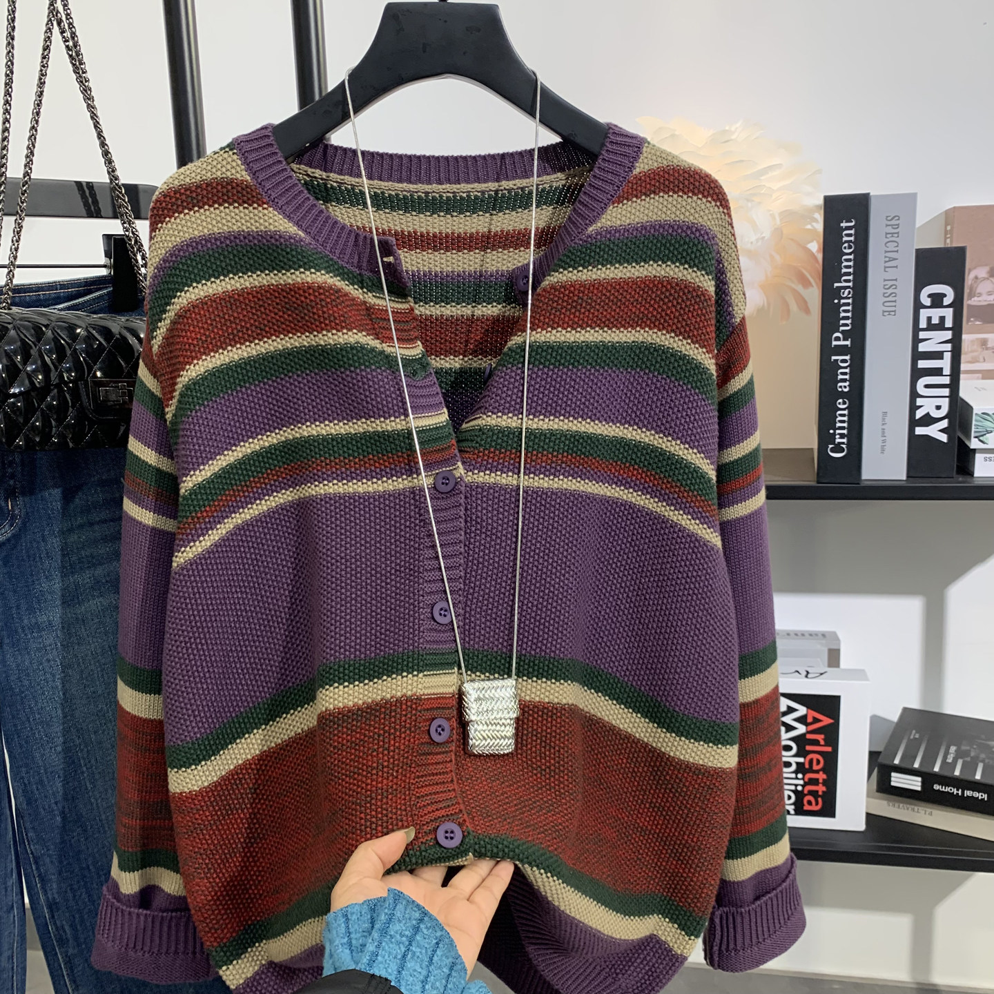2026新款复古撞色条纹圆领针织开衫女宽松休闲百搭慵懒风毛衣外套,女装/女士精品,毛针织衫,淘宝优惠券,粉丝福利购,淘宝优惠卷