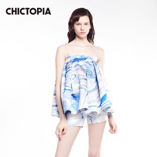CHICTOPIA  刘清扬原创设计蓝色流体印花抹胸宽松蓬蓬吊带上衣