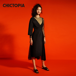 连衣裙 CHICTOPIA刘清扬原创设计黑色提花 黑色蕾丝