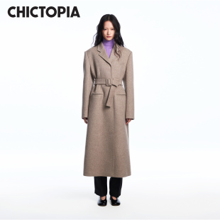 CHICTOPIA刘清扬原创设计师品牌灰褐色翻驳领连腰带挺括羊毛大衣