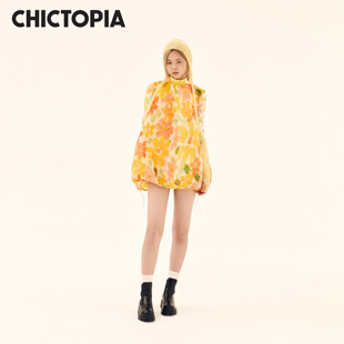 CHICTOPIA刘清扬原创设计品牌印花抽皱欧根纱抽绳Babydoll连衣裙