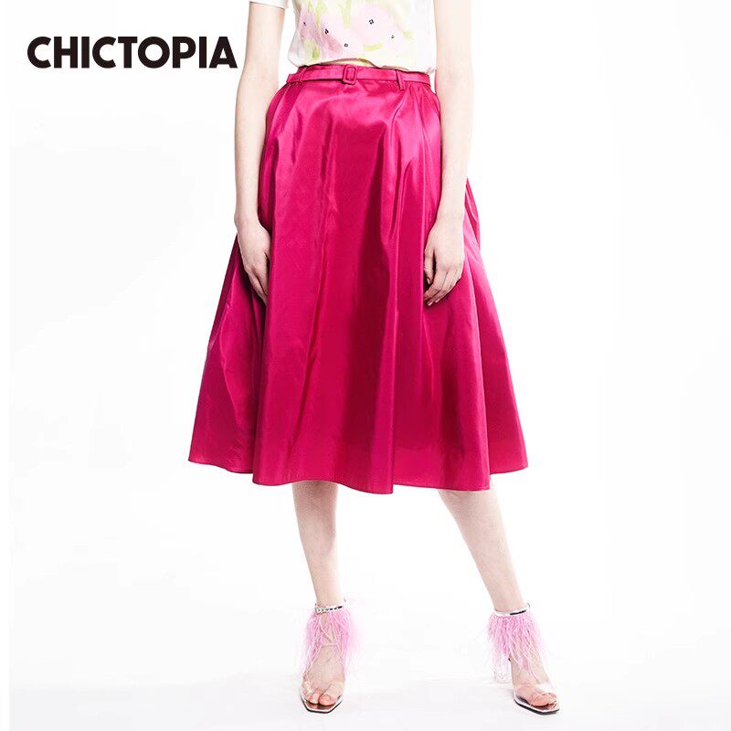 CHICTOPIA刘清扬原创设计师品牌 玫粉色真丝抽褶中长款A字裙半裙