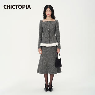 CHICTOPIA 刘清扬原创设计复古印花/深灰方领荷叶边下摆收腰外套