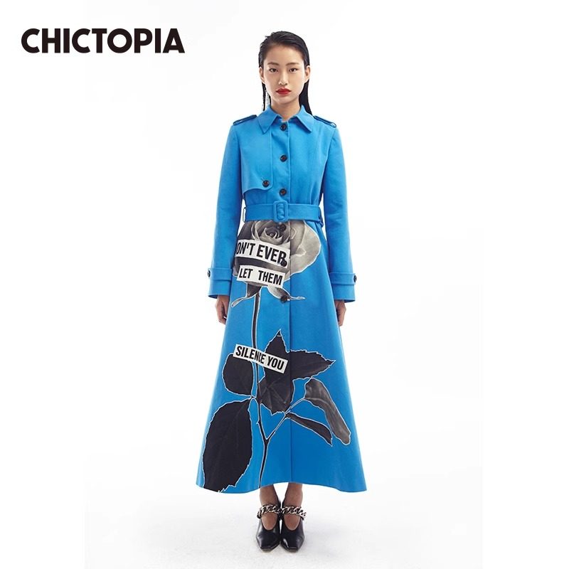 CHICTOPIA 刘清扬原创设计师新款蓝底玫瑰贴布绣风衣外套