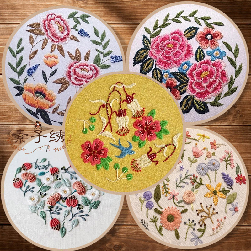 新款欧式刺绣diy材料包初学手工基础布艺套件手花环3d绣送教程