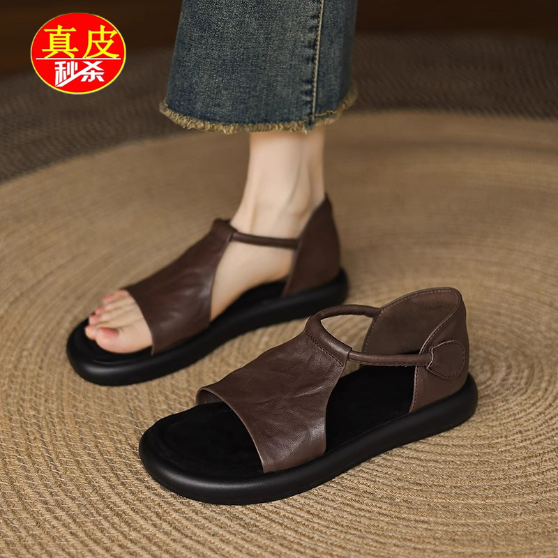 意尔康真皮软底复古休闲平底凉鞋女款夏季2025新款厚底露趾罗马鞋