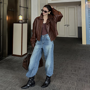 【弓ECHO】杨树林秋冬新款英国头层泡皮绣花夹棉真皮衣短夹克外套