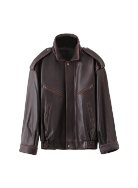 【弓ECHO】杨树林秋新款黑标擦色复古翻领显瘦真皮皮衣夹克外套女