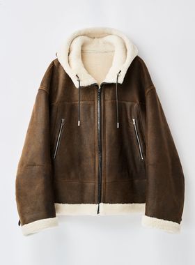 【弓ECHO】美式复古软糯羊皮毛宽松慵懒正反两穿连帽外套