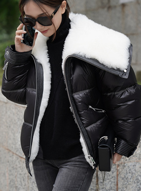 【弓ECHO】秋冬重工明线绵羊皮毛云肩大翻领白鹅绒服真皮短外套