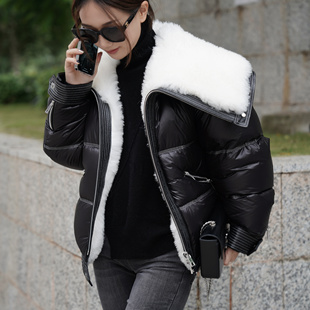 秋冬重工明线绵羊皮毛云肩大翻领白鹅绒服真皮短外套 弓ECHO