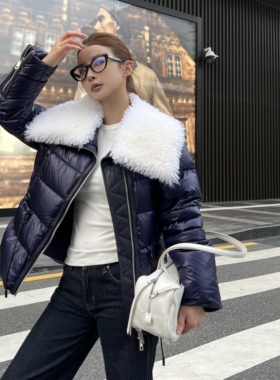 【弓ECHO】原创设计秋冬皮毛翻领拼真皮定制珠光收腰羽绒服外套