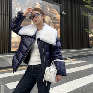 原创设计秋冬皮毛翻领拼真皮定制珠光收腰羽绒服外套 弓ECHO