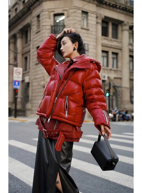 【弓ECHO】原创设计冬季气质假两件真皮拼接重工连帽机车羽绒服