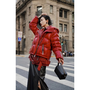 气质假两件真皮拼接重工连帽机车羽绒服 原创设计冬季 弓ECHO