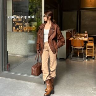 高奢头层绵羊皮绒面复古擦色做旧酷飒机车风真皮外套 弓ECHO