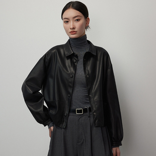 VIVIDINI翻领单皮皮衣气质百搭皮外套