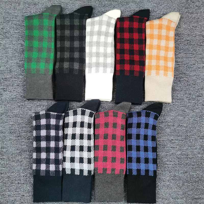 双针双路纯棉袜子男秋季高筒里外全棉吸汗防臭袜英伦风格子男长袜