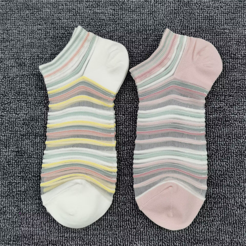 彩色条纹水晶丝袜子女短筒夏季薄款低帮纯棉吸汗船袜卡丝时尚女袜